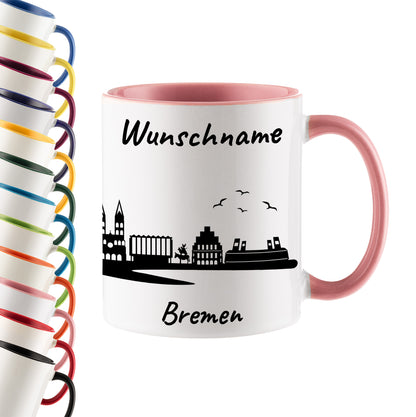 Tasse in Rosa 330ml bedruckt mit der Skyline von Bremen personalisierbar mit Wunschname