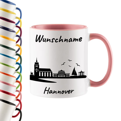 Tasse in Rosa 330ml bedruckt mit der Skyline von Hannover personalisierbar mit Wunschname