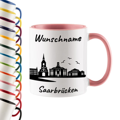 Tasse in Rosa 330ml bedruckt mit der Skyline von Saarbrücken personalisierbar mit Wunschname