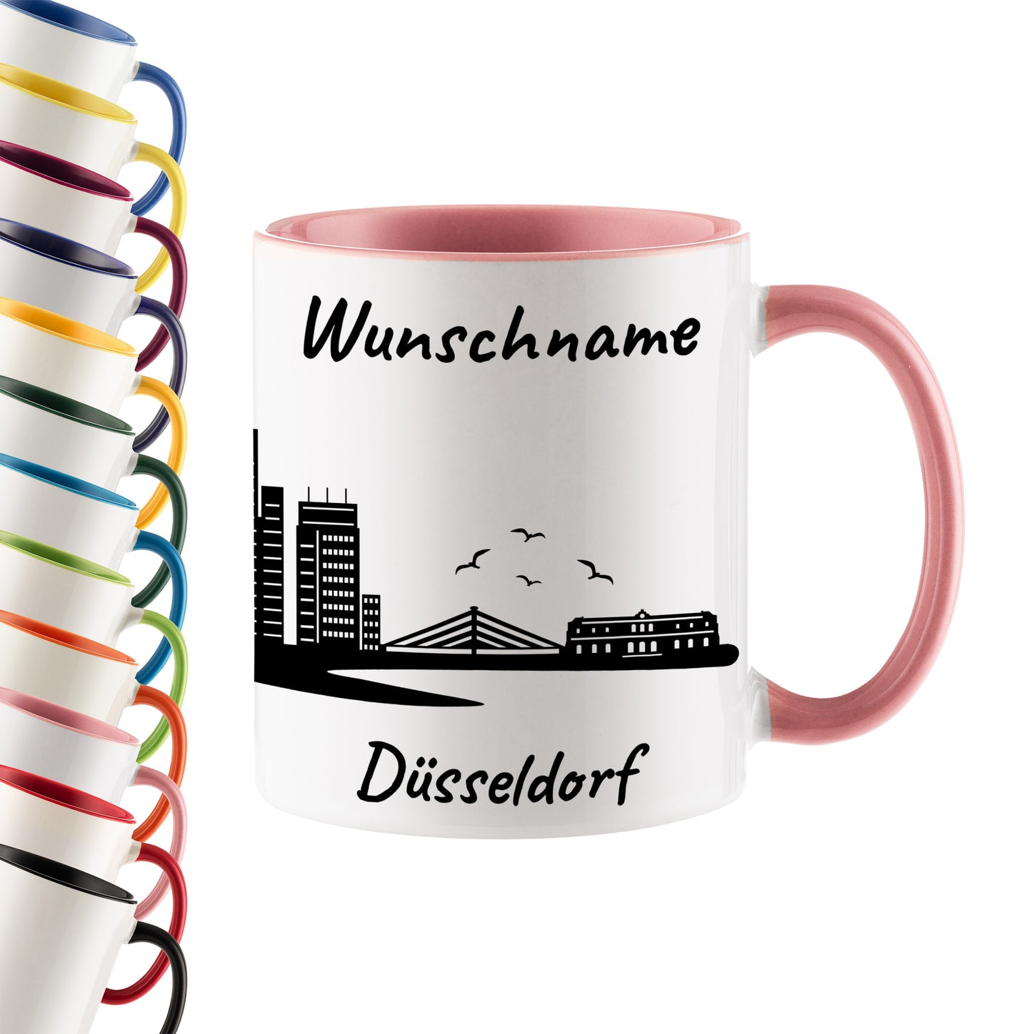 Tasse in Rosa 330ml bedruckt mit der Skyline von Düsseldorf personalisierbar mit Wunschname
