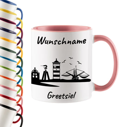 Tasse in Rosa 330ml bedruckt mit der Skyline von Greetsiel personalisierbar mit Wunschname