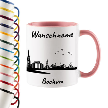 Tasse in Rosa 330ml bedruckt mit der Skyline von Bochum personalisierbar mit Wunschname