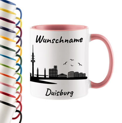 Tasse in Rosa 330ml bedruckt mit der Skyline von Duisburg personalisierbar mit Wunschname