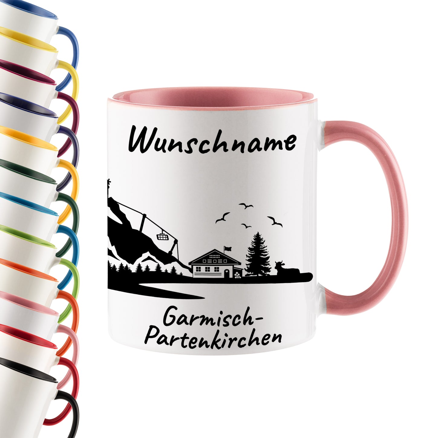 Tasse in Rosa 330ml bedruckt mit der Skyline von Garmisch-Partenkirchen personalisierbar mit Wunschname
