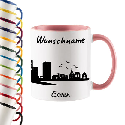 Tasse in Rosa 330ml bedruckt mit der Skyline von Essen personalisierbar mit Wunschname