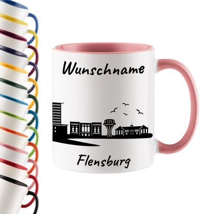 Tasse in Rosa 330ml bedruckt mit der Skyline von Flensburg personalisierbar mit Wunschname