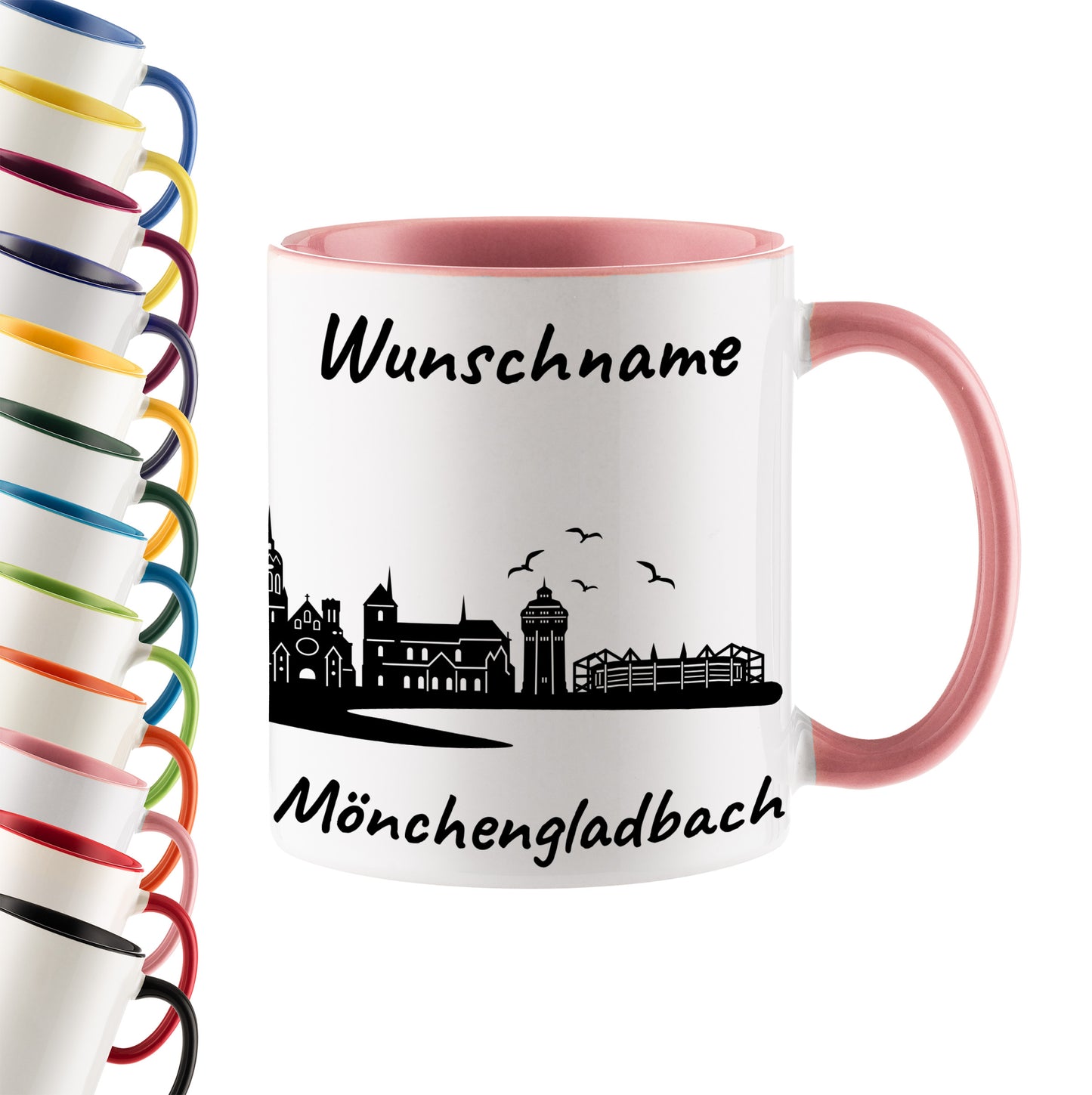 Tasse in Rosa 330ml bedruckt mit der Skyline von Mönchengladbach personalisierbar mit Wunschname