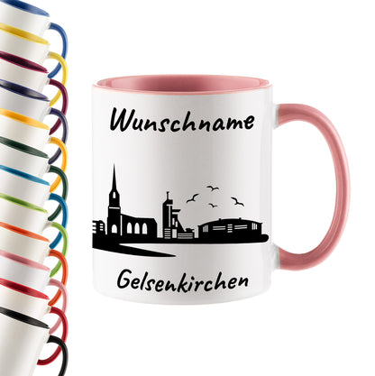 Tasse in Rosa 330ml bedruckt mit der Skyline von Gelsenkirchen personalisierbar mit Wunschname