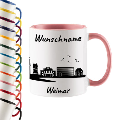 Tasse in Rosa 330ml bedruckt mit der Skyline von Weimar personalisierbar mit Wunschname