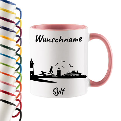 Tasse in Rosa 330ml bedruckt mit der Skyline von Sylt personalisierbar mit Wunschname