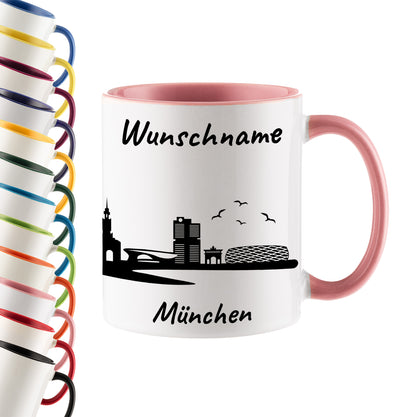 Tasse in Rosa 330ml bedruckt mit der Skyline von München personalisierbar mit Wunschname