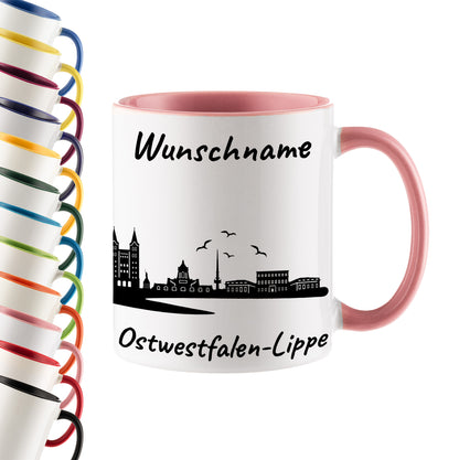 Tasse in Rosa 330ml bedruckt mit der Skyline von Ostwestfalen-Lippe personalisierbar mit Wunschname