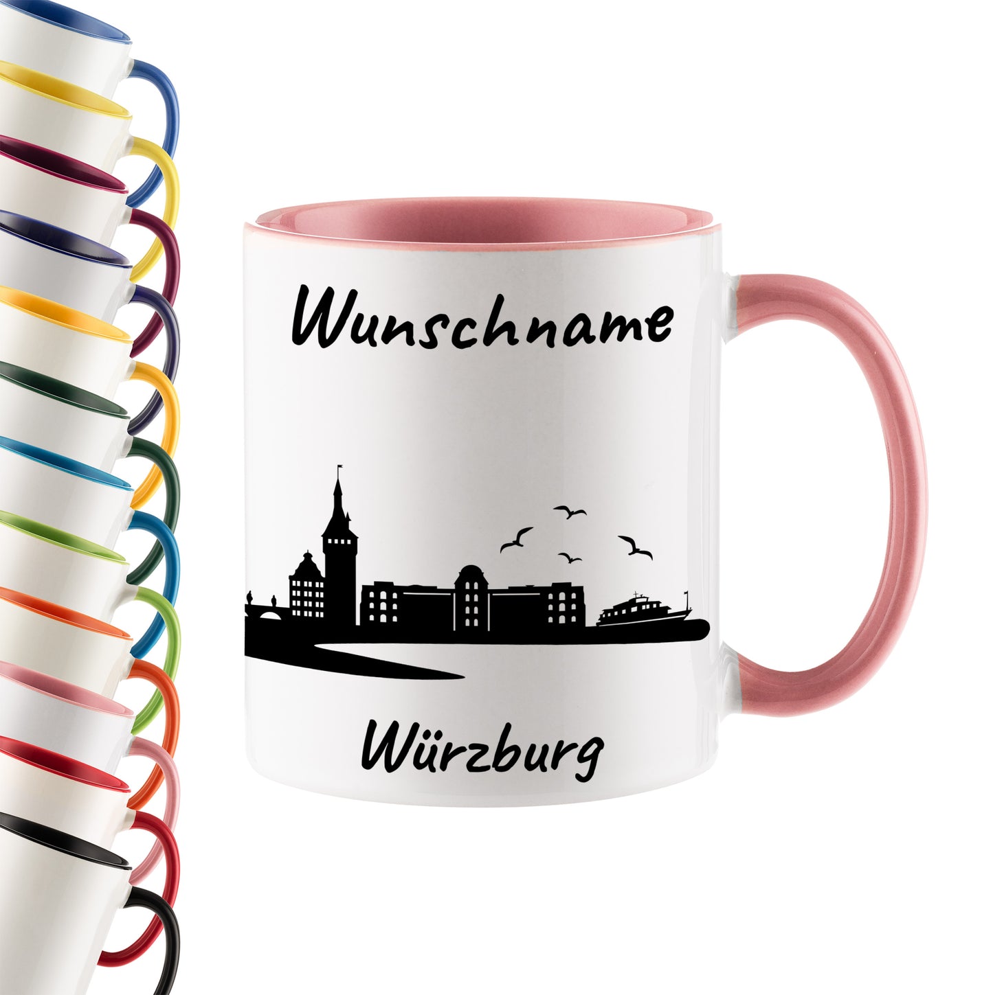 Tasse in Rosa 330ml bedruckt mit der Skyline von Würzburg personalisierbar mit Wunschname