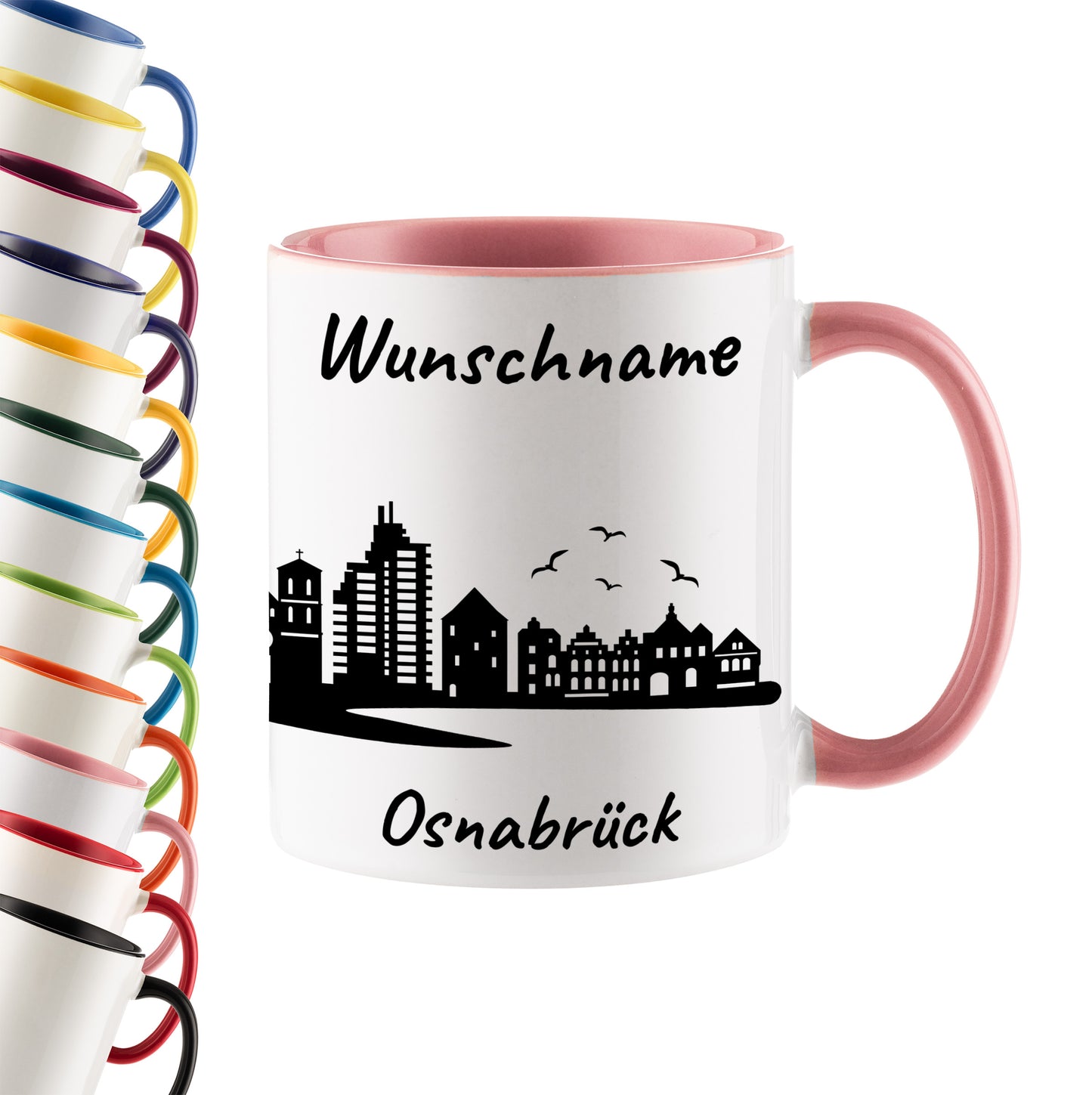 Tasse in Rosa 330ml bedruckt mit der Skyline von Osnabrück personalisierbar mit Wunschname
