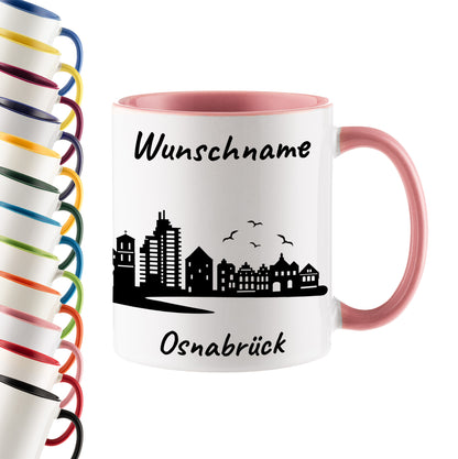 Tasse in Rosa 330ml bedruckt mit der Skyline von Osnabrück personalisierbar mit Wunschname