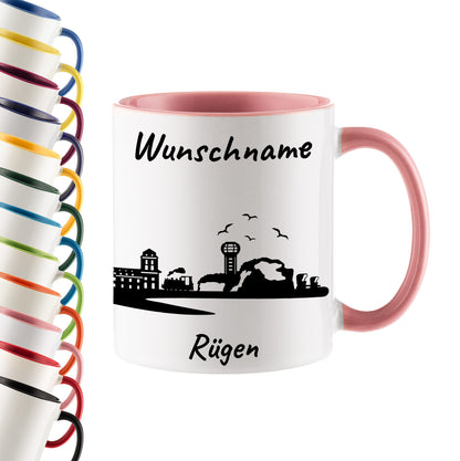 Tasse in Rosa 330ml bedruckt mit der Skyline von Rügen personalisierbar mit Wunschname