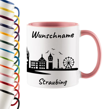Tasse in Rosa 330ml bedruckt mit der Skyline von Straubing personalisierbar mit Wunschname