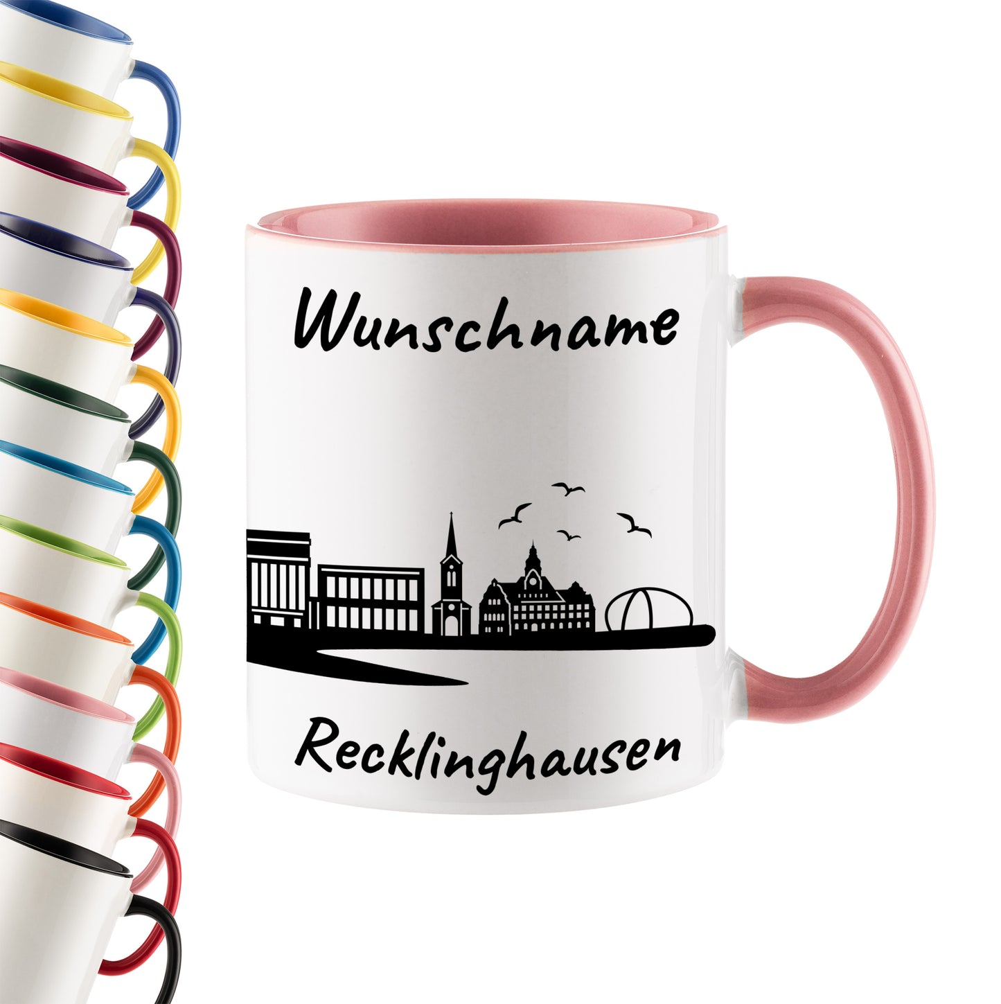 Tasse in Rosa 330ml bedruckt mit der Skyline von Recklinghausen personalisierbar mit Wunschname