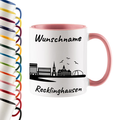 Tasse in Rosa 330ml bedruckt mit der Skyline von Recklinghausen personalisierbar mit Wunschname