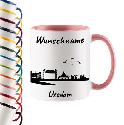 Tasse in Rosa 330ml bedruckt mit der Skyline von Usedom personalisierbar mit Wunschname