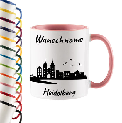 Tasse in Rosa 330ml bedruckt mit der Skyline von Heidelberg personalisierbar mit Wunschname