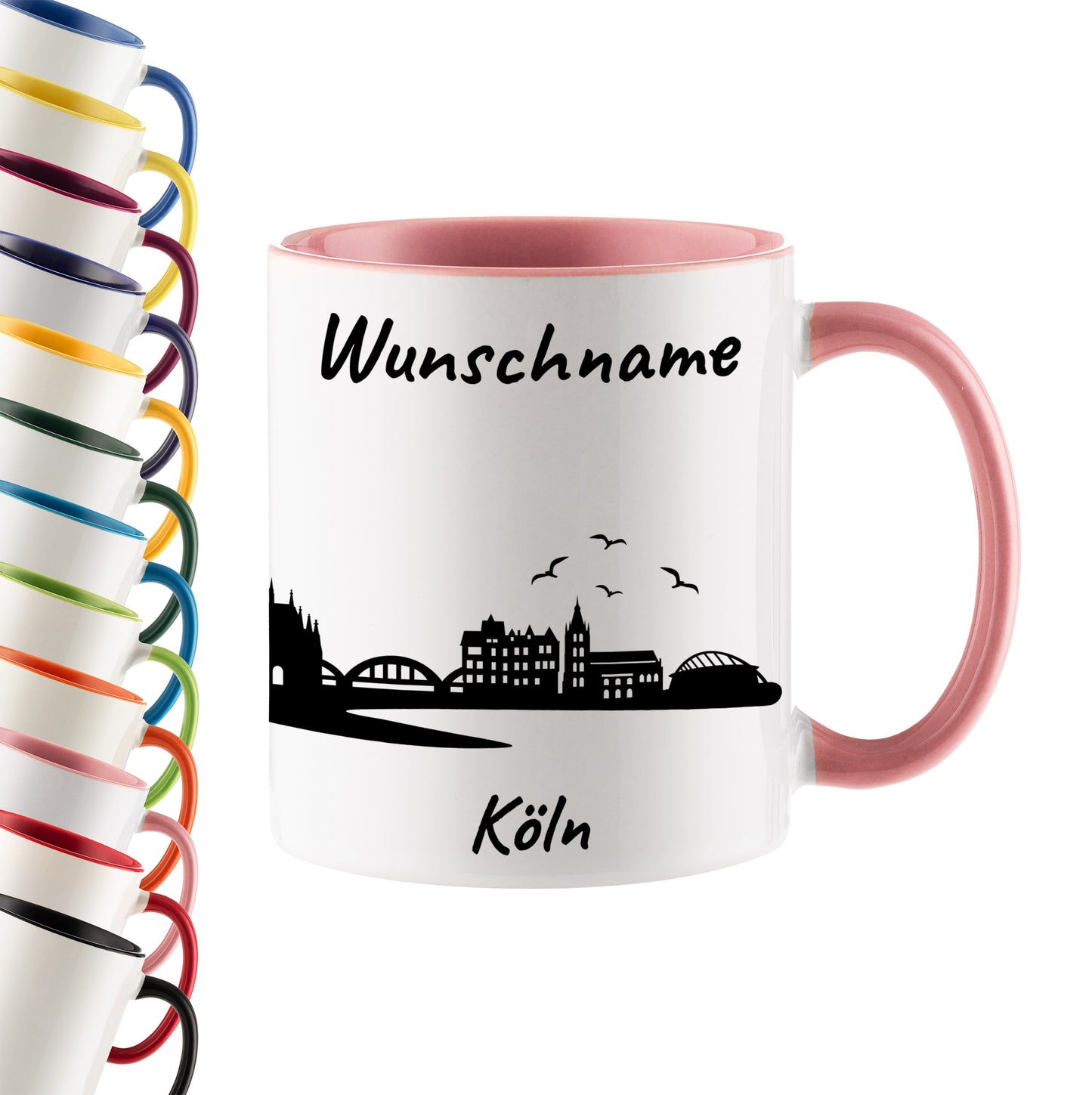 Tasse in Rosa 330ml bedruckt mit der Skyline von Köln personalisierbar mit Wunschname