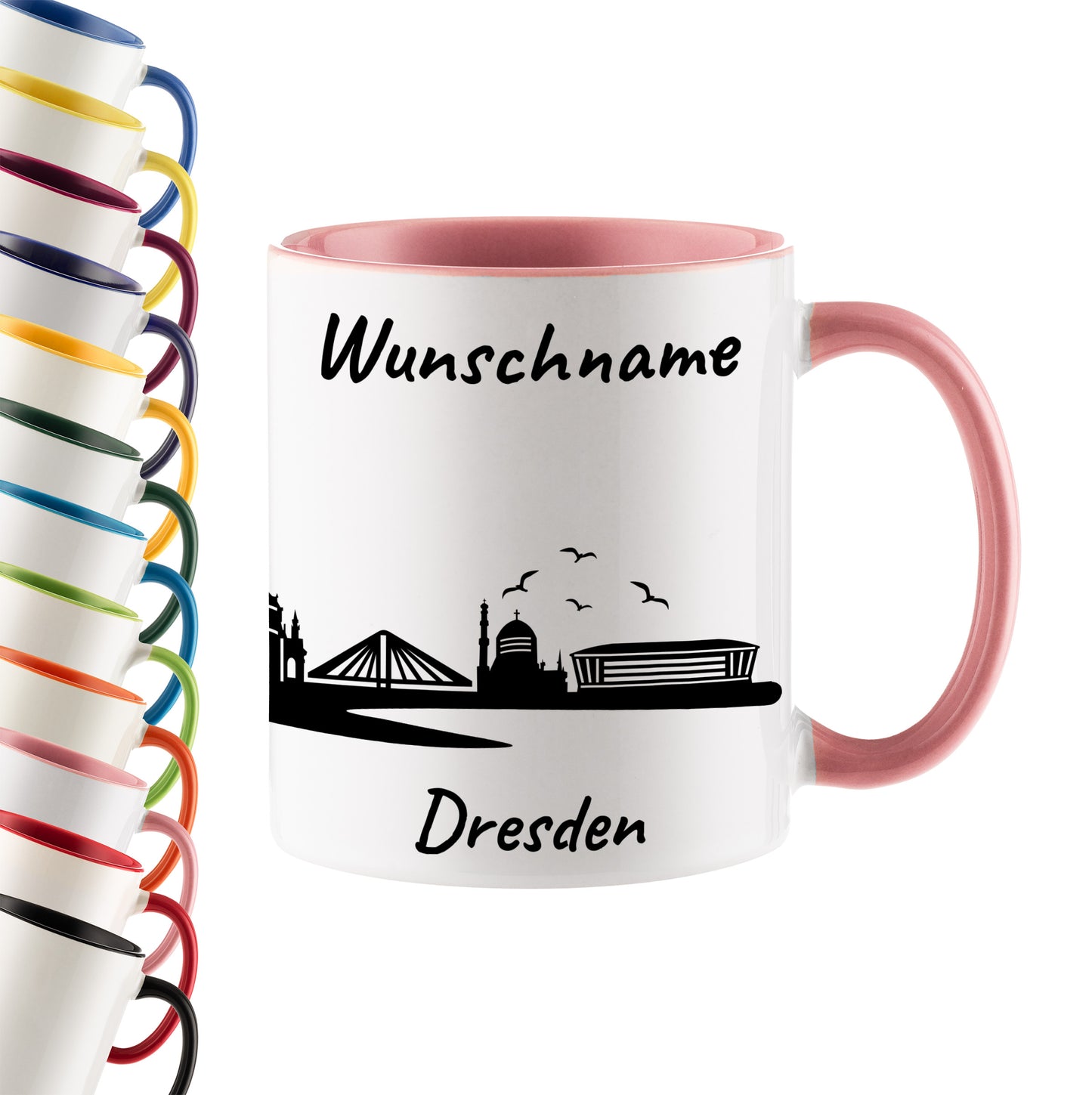 Tasse in Rosa 330ml bedruckt mit der Skyline von Dresden personalisierbar mit Wunschname