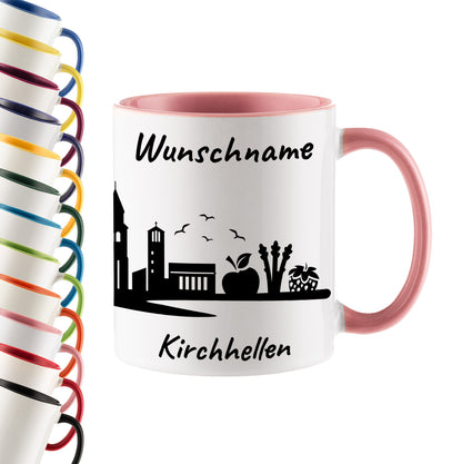 Tasse in Rosa 330ml bedruckt mit der Skyline von Kirchhellen personalisierbar mit Wunschname