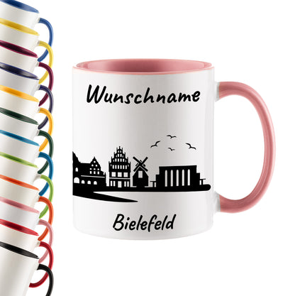 Tasse in Rosa 330ml bedruckt mit der Skyline von Bielefeld personalisierbar mit Wunschname
