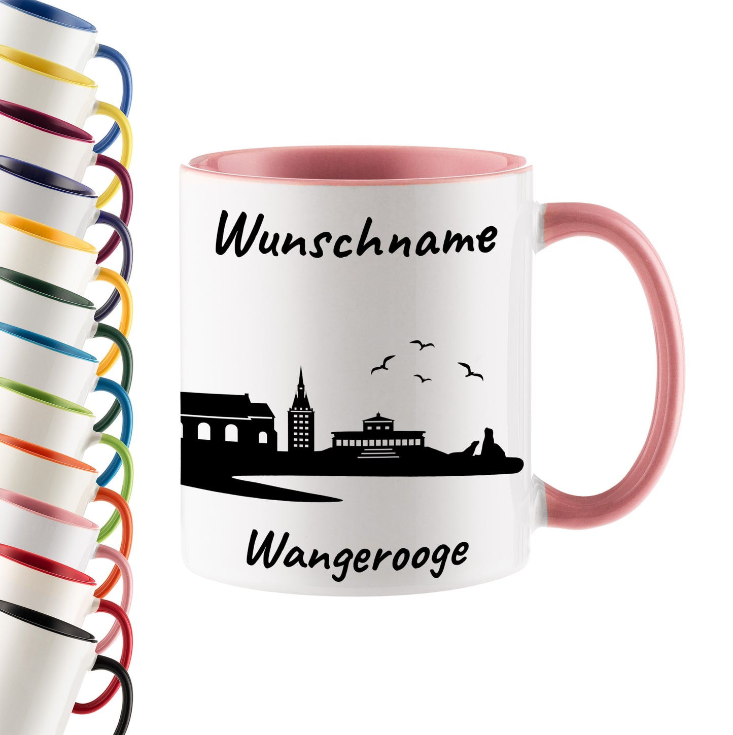 Tasse in Rosa 330ml bedruckt mit der Skyline von Wangerooge personalisierbar mit Wunschname