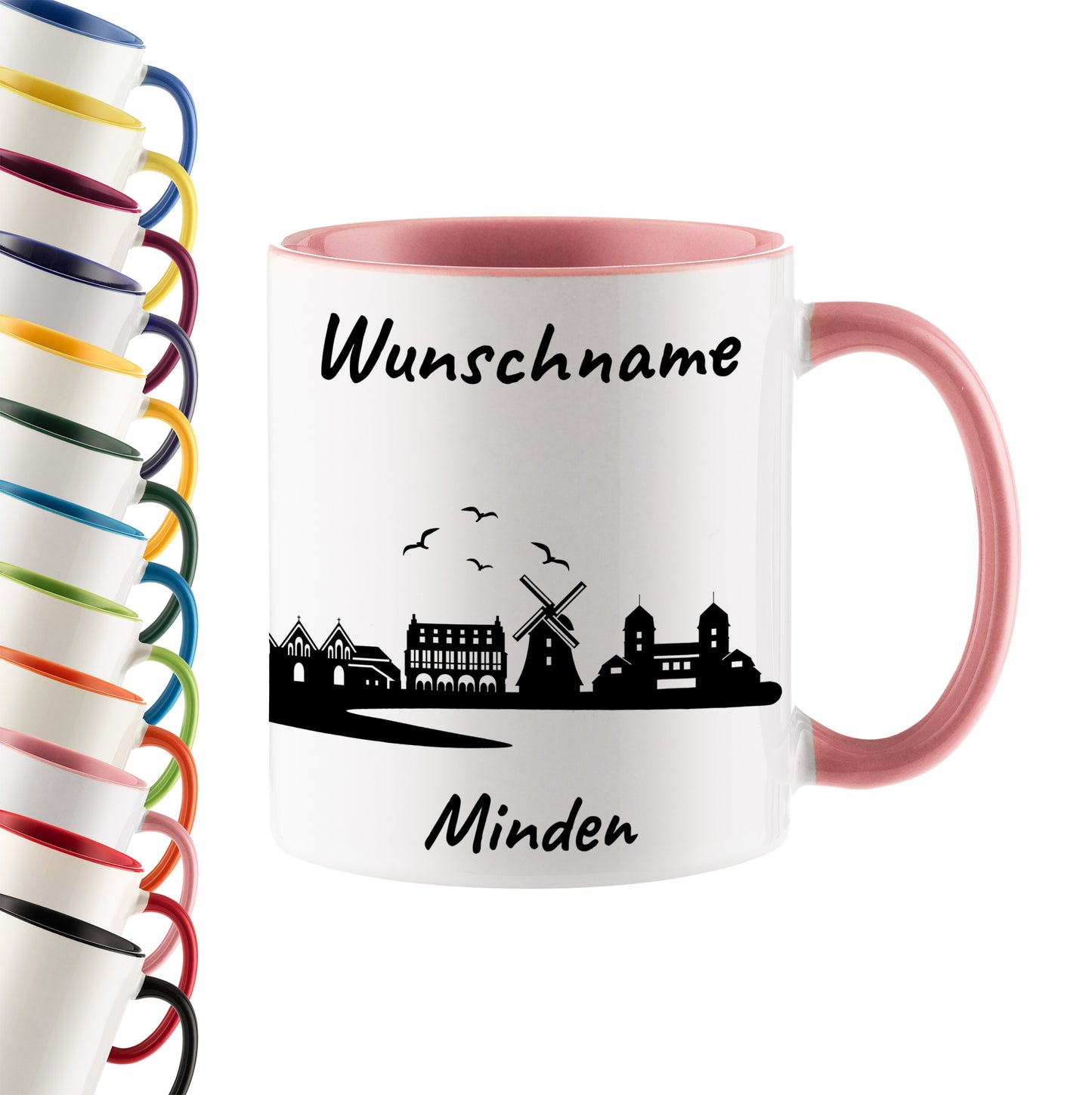 Tasse in Rosa 330ml bedruckt mit der Skyline von Minden personalisierbar mit Wunschname
