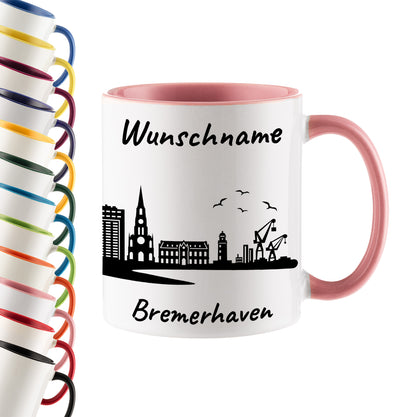Tasse in Rosa 330ml bedruckt mit der Skyline von Bremerhaven personalisierbar mit Wunschname