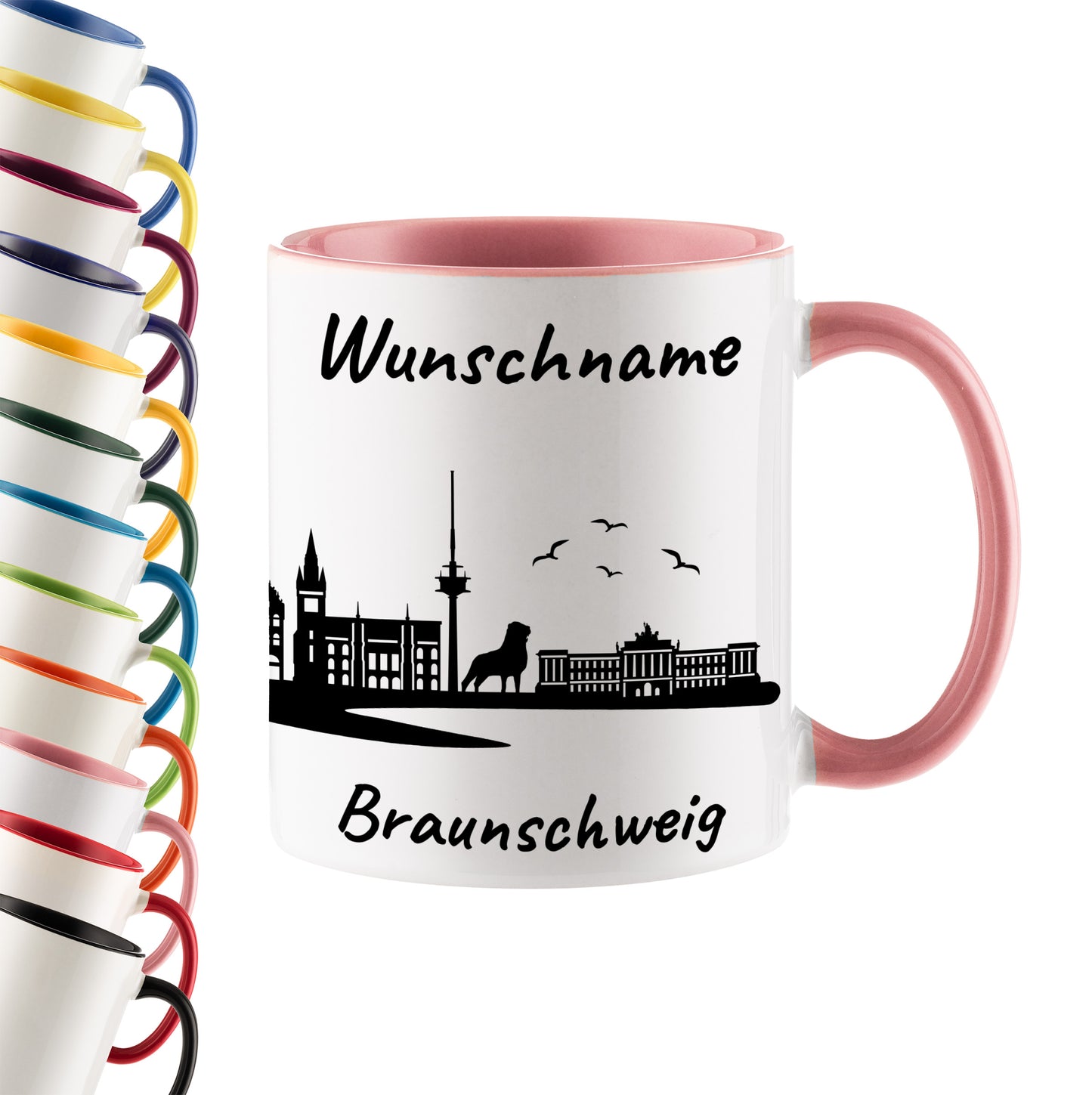 Tasse in Rosa 330ml bedruckt mit der Skyline von Braunschweig personalisierbar mit Wunschname