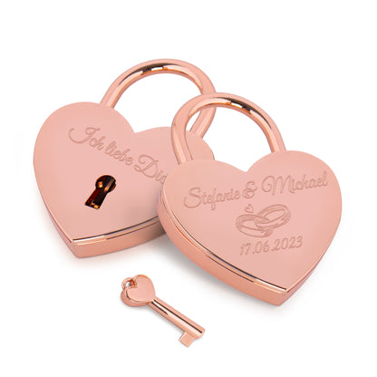 Herzschloss in Rose mit Gravur "Eheringe" Liebesschloss personalisiert mit Wunschnamen in 4 ver. Farben