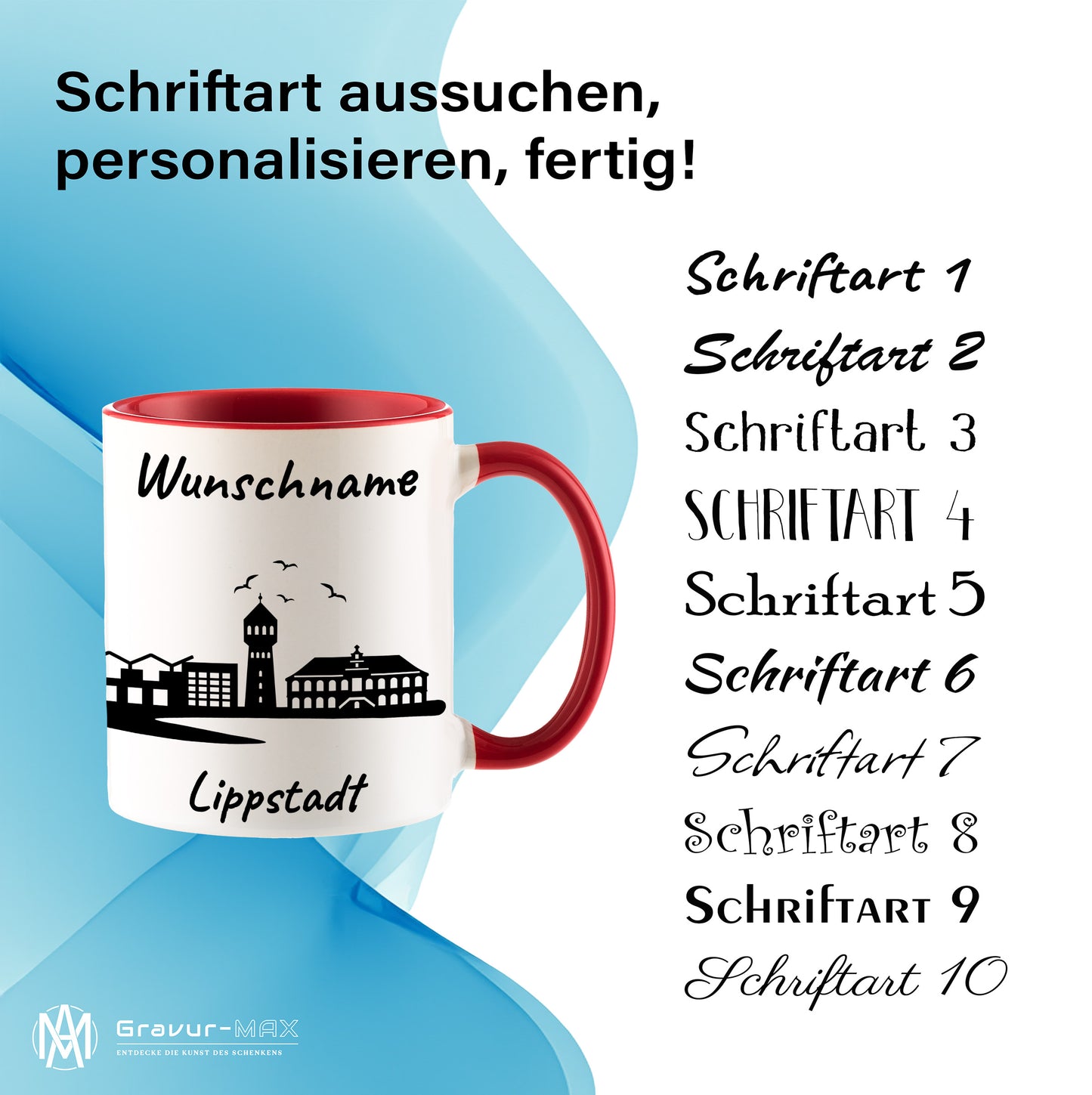 Tasse in Rot 330ml bedruckt mit der Skyline von Lippstadt personalisierbar mit Wunschname