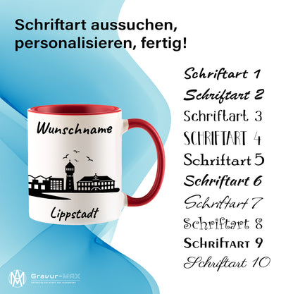 Tasse in Rot 330ml bedruckt mit der Skyline von Lippstadt personalisierbar mit Wunschname
