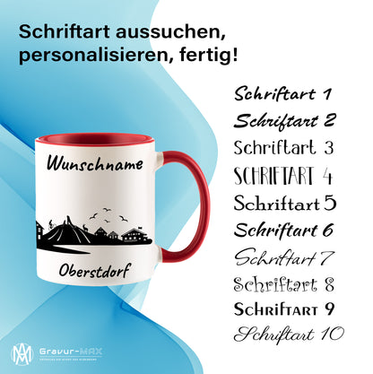 Tasse in Rot 330ml bedruckt mit der Skyline von Oberstdorf personalisierbar mit Wunschname