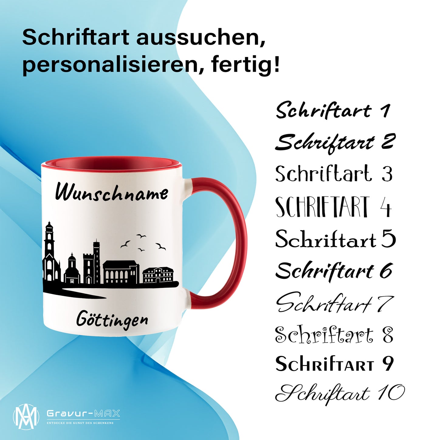 Tasse in Rot 330ml bedruckt mit der Skyline von Göttingen personalisierbar mit Wunschname