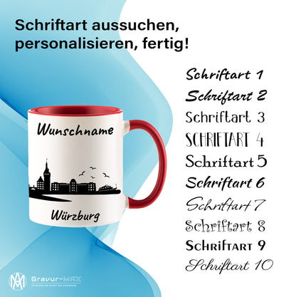 Tasse in Rot 330ml bedruckt mit der Skyline von Würzburg personalisierbar mit Wunschname