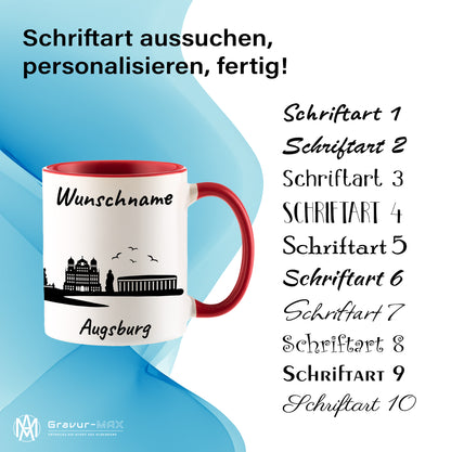Tasse in Rot 330ml bedruckt mit der Skyline von Augsburg personalisierbar mit Wunschname