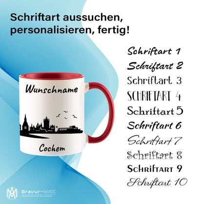 Tasse in Rot 330ml bedruckt mit der Skyline von Cochem personalisierbar mit Wunschname