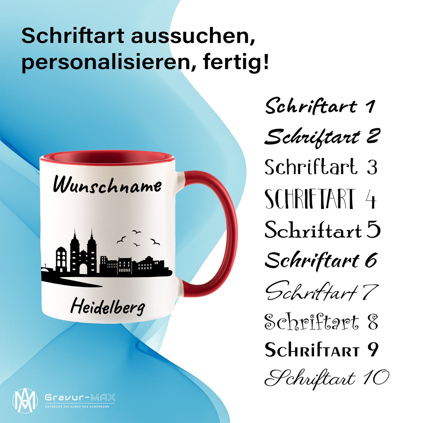 Tasse in Rot 330ml bedruckt mit der Skyline von Heidelberg personalisierbar mit Wunschname