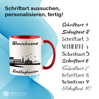 Tasse in Rot 330ml bedruckt mit der Skyline von Recklinghausen personalisierbar mit Wunschname
