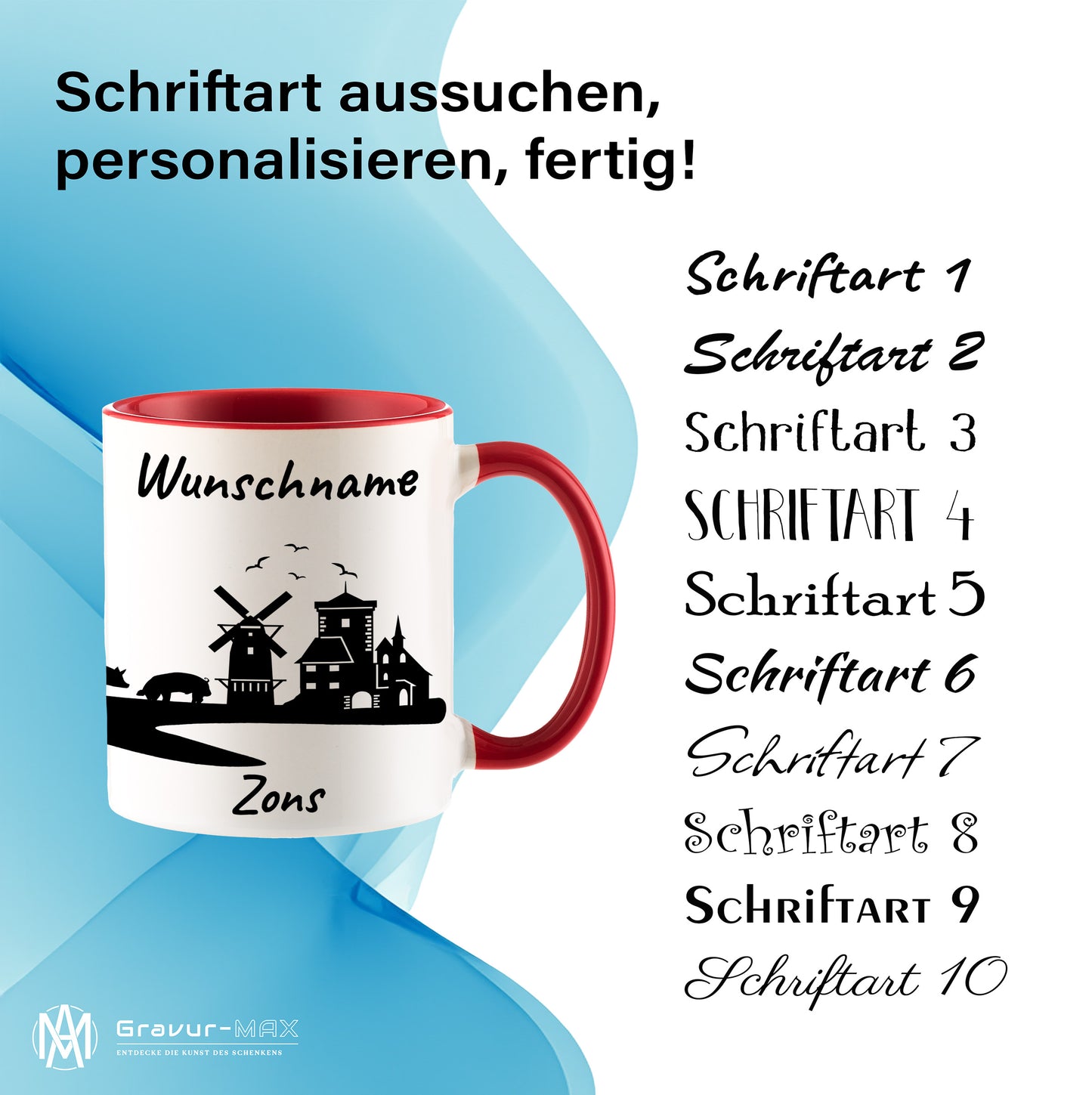 Tasse in Rot 330ml bedruckt mit der Skyline von Zons (Dormagen) personalisierbar mit Wunschname