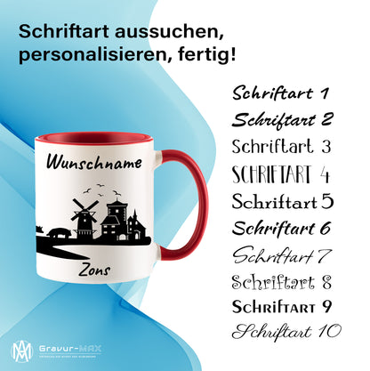 Tasse in Rot 330ml bedruckt mit der Skyline von Zons (Dormagen) personalisierbar mit Wunschname