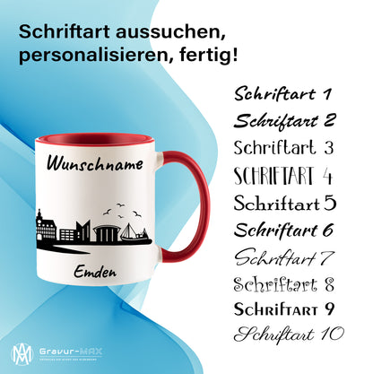 Tasse in Rot 330ml bedruckt mit der Skyline von Emden personalisierbar mit Wunschname