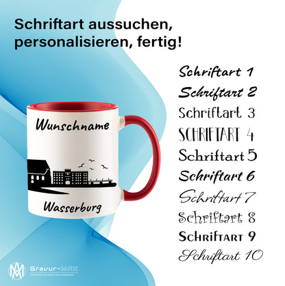 Tasse in Rot 330ml bedruckt mit der Skyline von Wasserburg personalisierbar mit Wunschname