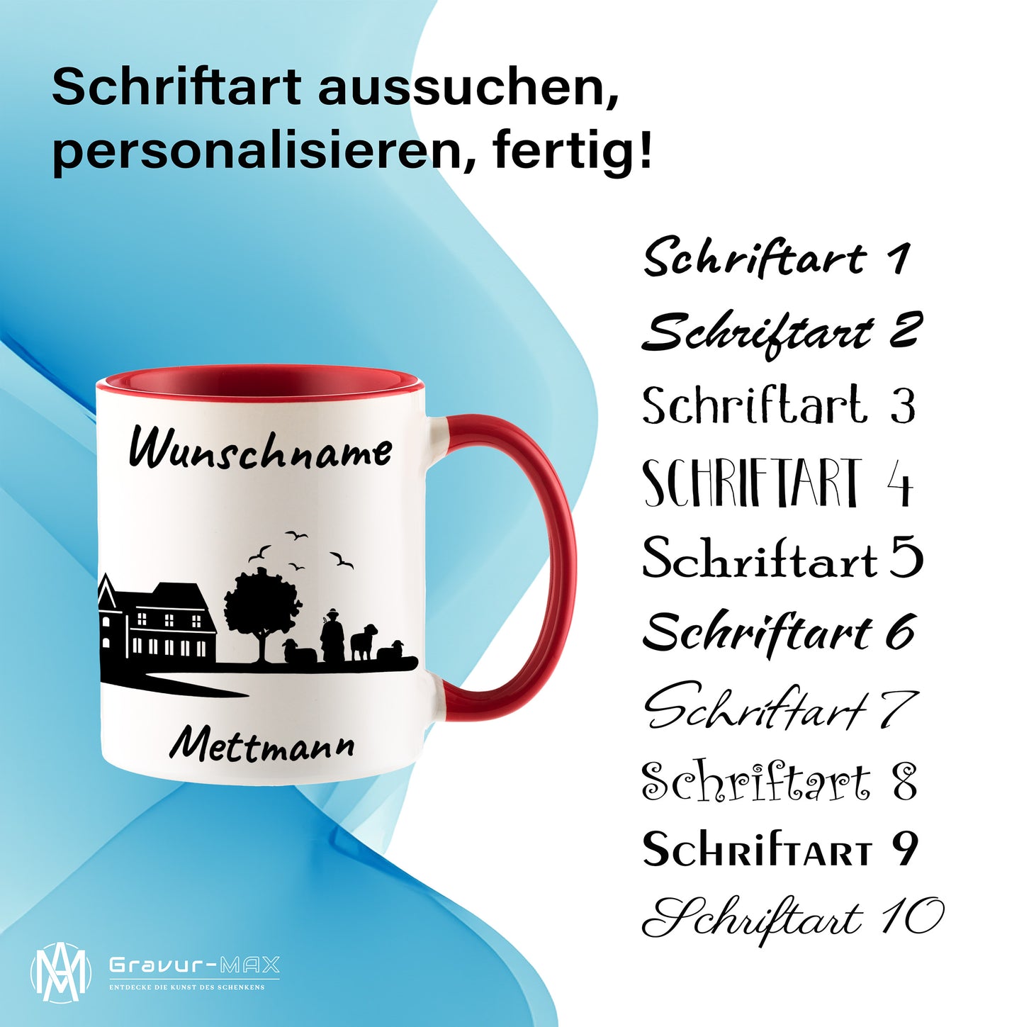 Tasse in Rot 330ml bedruckt mit der Skyline von Mettmann personalisierbar mit Wunschname
