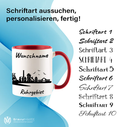 Tasse in Rot 330ml bedruckt mit der Skyline von Ruhrgebiet personalisierbar mit Wunschname