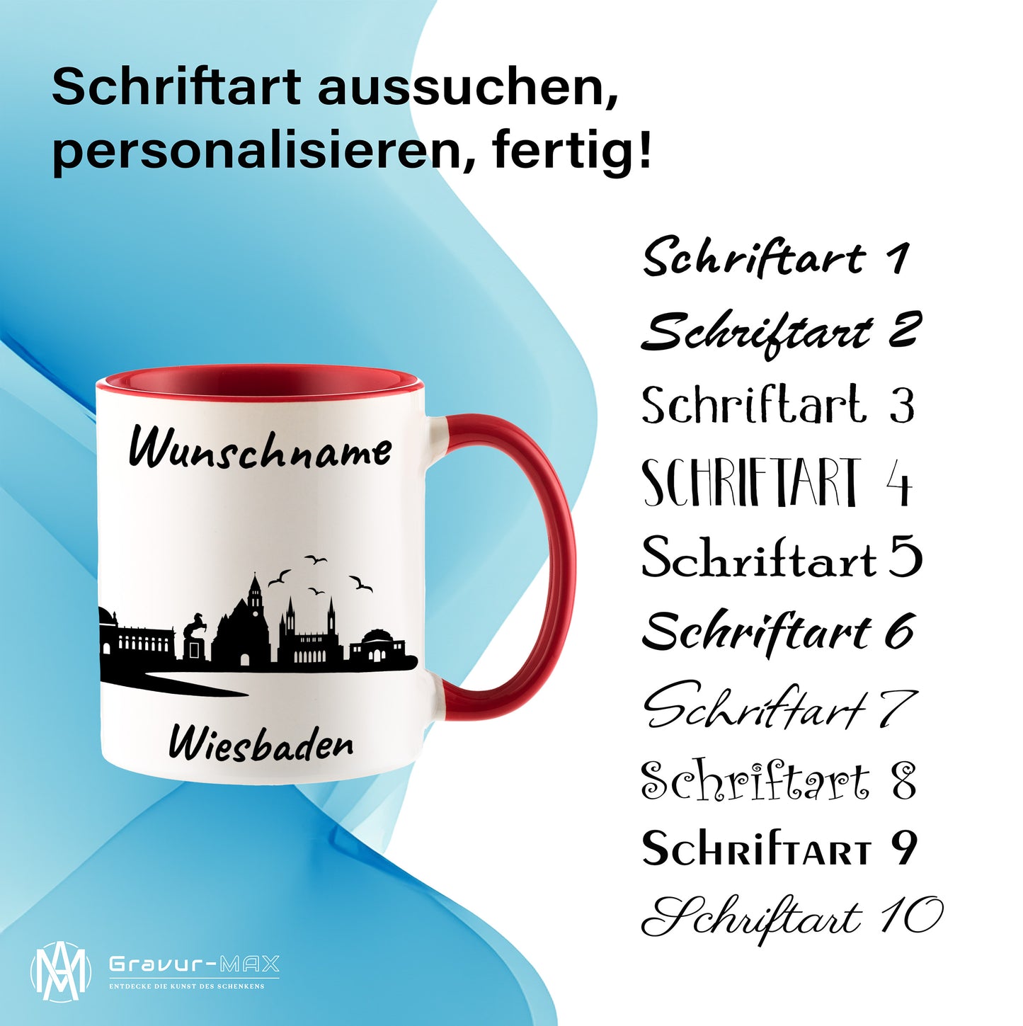 Tasse in Rot 330ml bedruckt mit der Skyline von Wiesbaden personalisierbar mit Wunschname